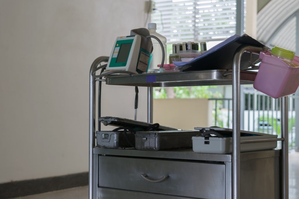 Medical equipment on stainless steel trolley