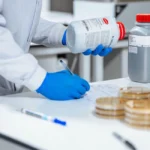 Scientist wearing blue runner gloves